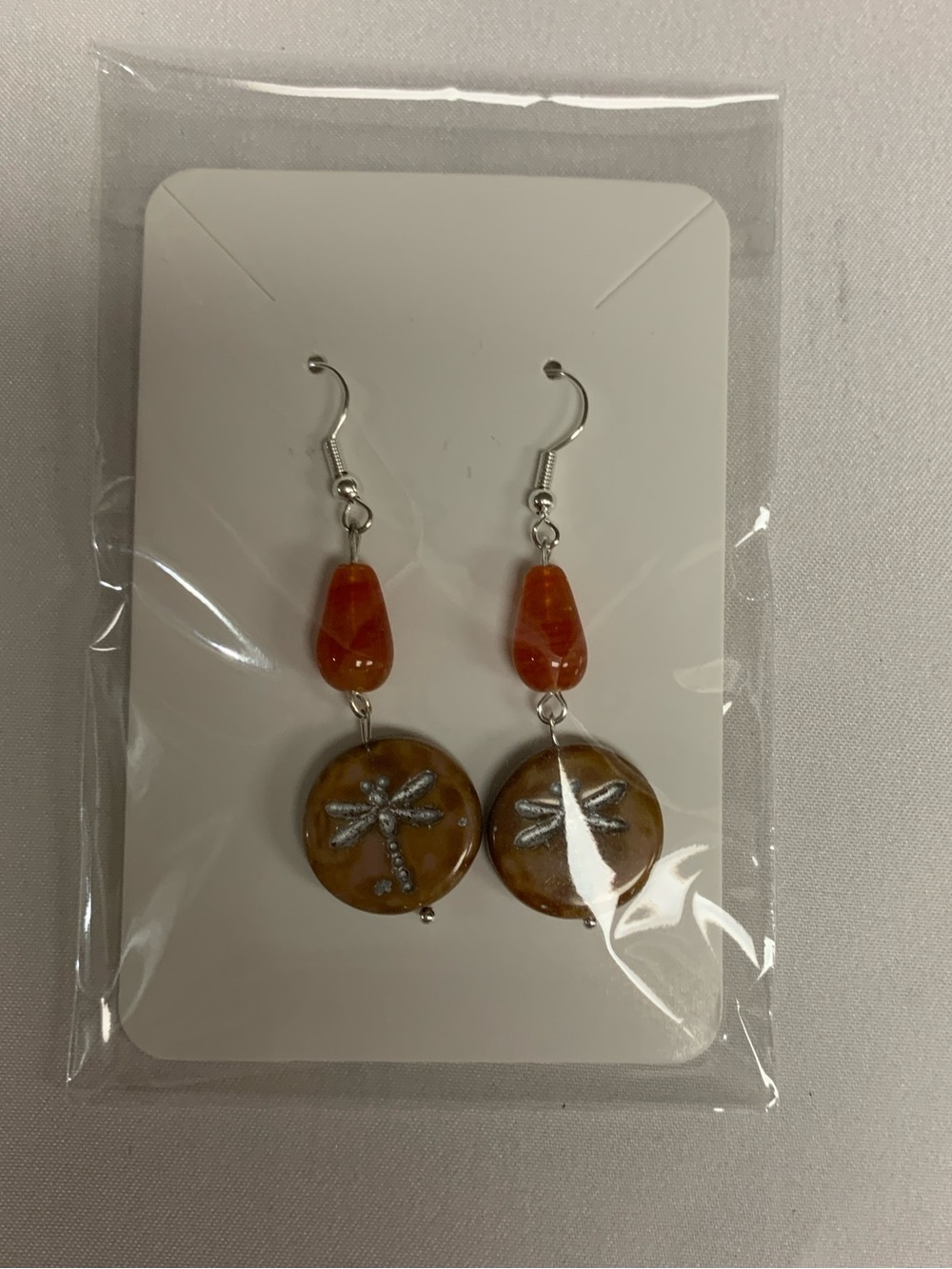 Orange Dragonfly Bead Dangle Earrings